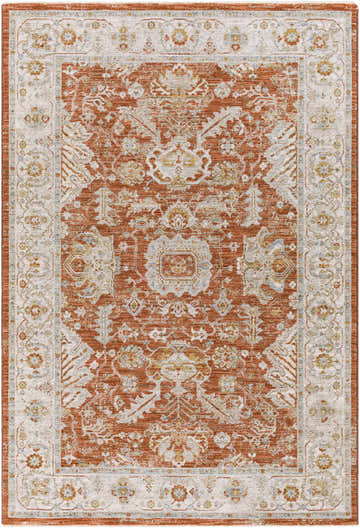 Detailed view of the Ibstock Thick Luxe Area Rug in brick red with a traditional oriental pattern. Design-Rectangle-575