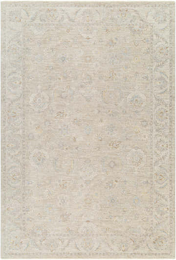 Close-up of the Iikka Thick Luxe Area Rug in cloud gray, lambswool, and light brown with a traditional floral pattern. Design-Rectangle-6796