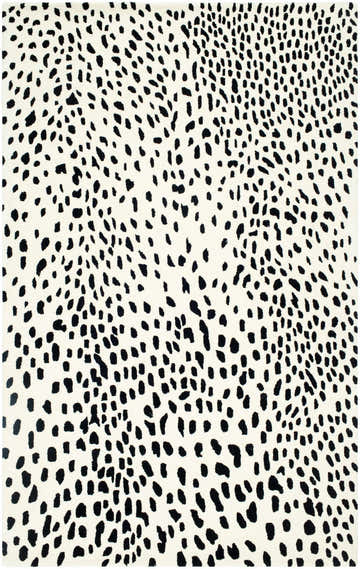 Close-up of the hand-tufted Athena White Giraffe Print Wool Rug. Features a black giraffe-inspired print on an off-white wool background. Design-Rectangle-58