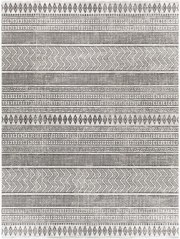 Close-up of the Imboden Black&White Outdoor Rug. Features a bohemian striped pattern with diamond, chevron, and geometric designs. Design-Rectangle-710103