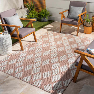 Outdoor patio scene with Indulang Area Rug in bone and dusty pink, surrounded by wooden chairs and potted plants. Roomscene-Rectangle
