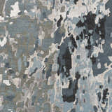 Close up of the Ingomar Area Rug featuring a contemporary black, denim, and sage abstract pattern. Swatch