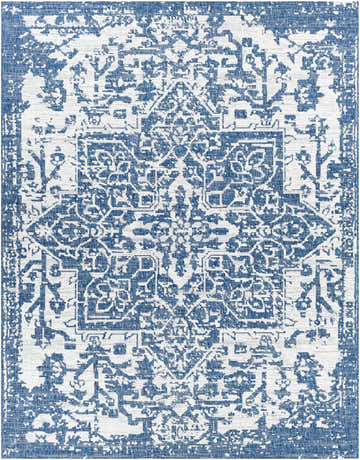 Close-up of the Dark Blue Kilmacolm Indoor & Outdoor Area Rug. Features a cream and dark blue traditional pattern. Design-Rectangle-710102
