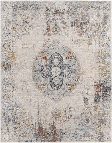 Close-up of the Isaac Luxe Rug. Beige rug with an oriental pattern in brick red, charcoal, cream, and gray hues. Design-Rectangle-710103