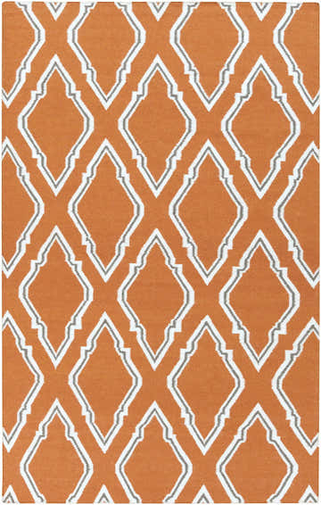 Close-up of Isanti Area Rug. Burnt orange wool rug with cream and charcoal geometric diamond pattern. Hand woven texture. Design-Rectangle-58