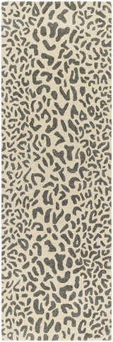 Close-up of the Iseul Leopard Print Area Rug, a hand-tufted wool rug with a dark gray animal print on a light beige background. Design-Runner-268