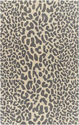 Close-up of the Iseul Leopard Print Area Rug. Features a gray leopard pattern on a taupe background. Hand-tufted wool rug. Design-Rectangle-58
