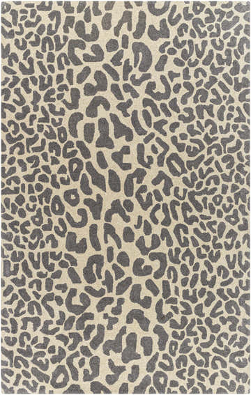 Close-up of the Iseul Leopard Print Area Rug. Features a gray leopard pattern on a taupe background. Hand-tufted wool rug. Design-Rectangle-58