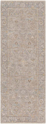 Close-up of the Istas Thick Luxe Area Rug in cloud gray, lambswool and nutmeg. Farmhouse style with a traditional floral pattern. Design-Runner-2773