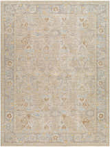 Close-up of the Istas Thick Luxe Area Rug in cloud gray, lambswool, and nutmeg. Traditional style with a detailed floral pattern. Design-Rectangle-912