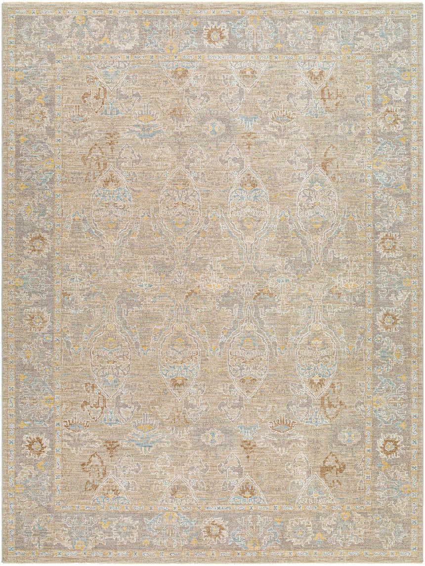 Close-up of the Istas Thick Luxe Area Rug in cloud gray, lambswool, and nutmeg. Traditional style with a detailed floral pattern. Design-Rectangle-912