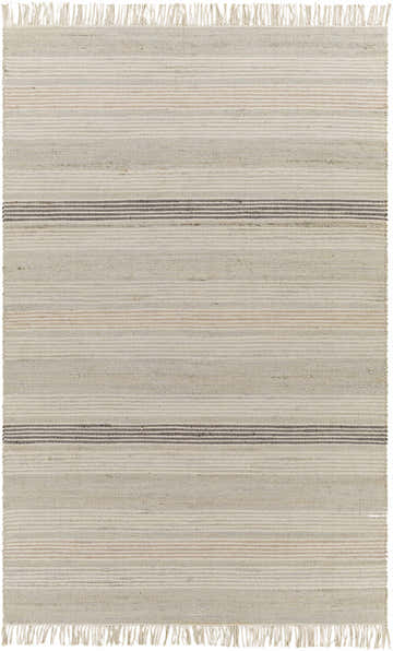 Close-up of the hand woven Ivana Area Rug. Brown, charcoal, gray, and light beige stripes with fringe. Design-Rectangle-576