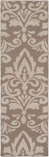 Close-up of the Ivybridge Area Carpet. Taupe and light gray wool rug with a traditional damask pattern. Hand woven texture. Design-Runner-268
