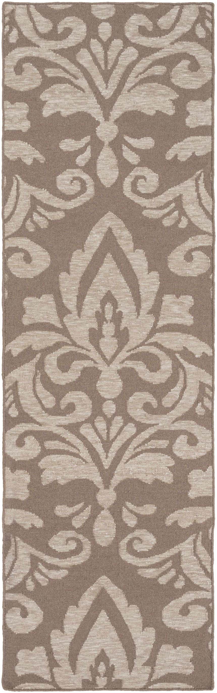 Close-up of the Ivybridge Area Carpet. Taupe and light gray wool rug with a traditional damask pattern. Hand woven texture. Design-Runner-268