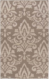 Close-up of the Ivybridge Area Carpet. Light gray and taupe hand woven wool rug with a traditional damask pattern. Design-Rectangle-576