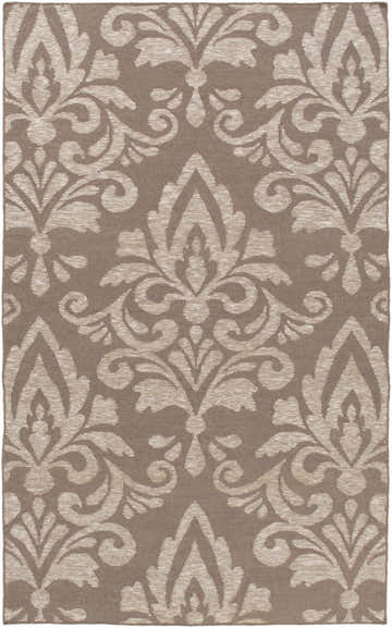 Close-up of the Ivybridge Area Carpet. Light gray and taupe hand woven wool rug with a traditional damask pattern. Design-Rectangle-576