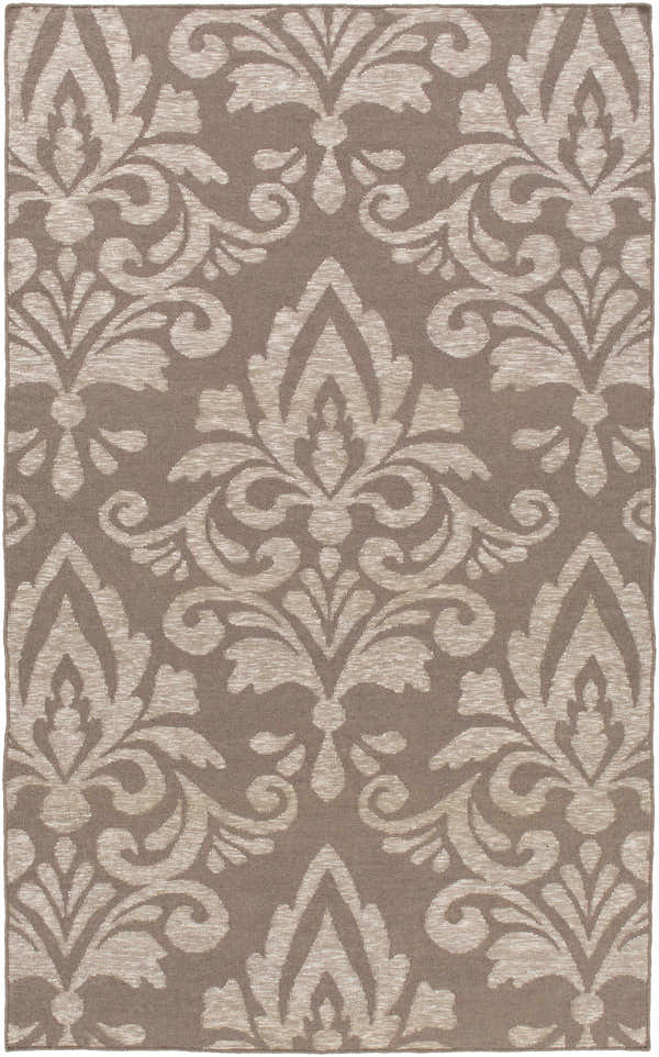 Close-up of the Ivybridge Area Carpet. Light gray and taupe hand woven wool rug with a traditional damask pattern. Design-Rectangle-576