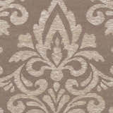 Close-up of the Ivybridge Area Carpet, featuring a taupe and light gray traditional damask pattern. Hand woven wool texture. Swatch