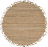 Close-up of round Oaks Perfect Flatweave Jute Rug. Hand-woven natural fiber rug in beige and jute with fringed edges. Design-Round