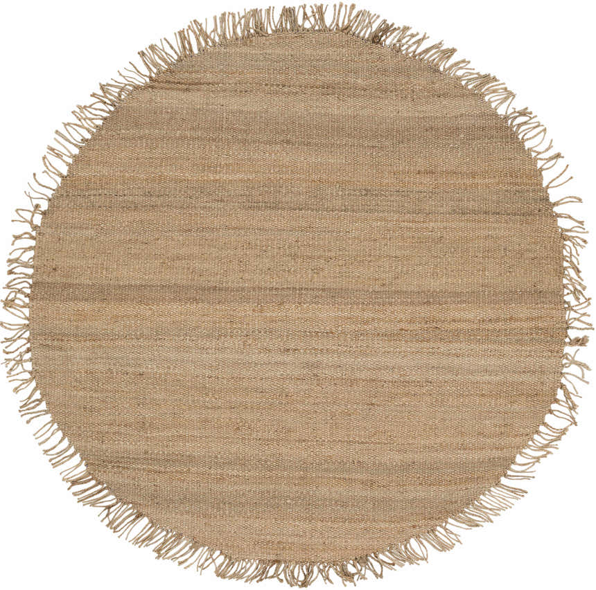 Close-up of round Oaks Perfect Flatweave Jute Rug. Hand-woven natural fiber rug in beige and jute with fringed edges. Design-Round