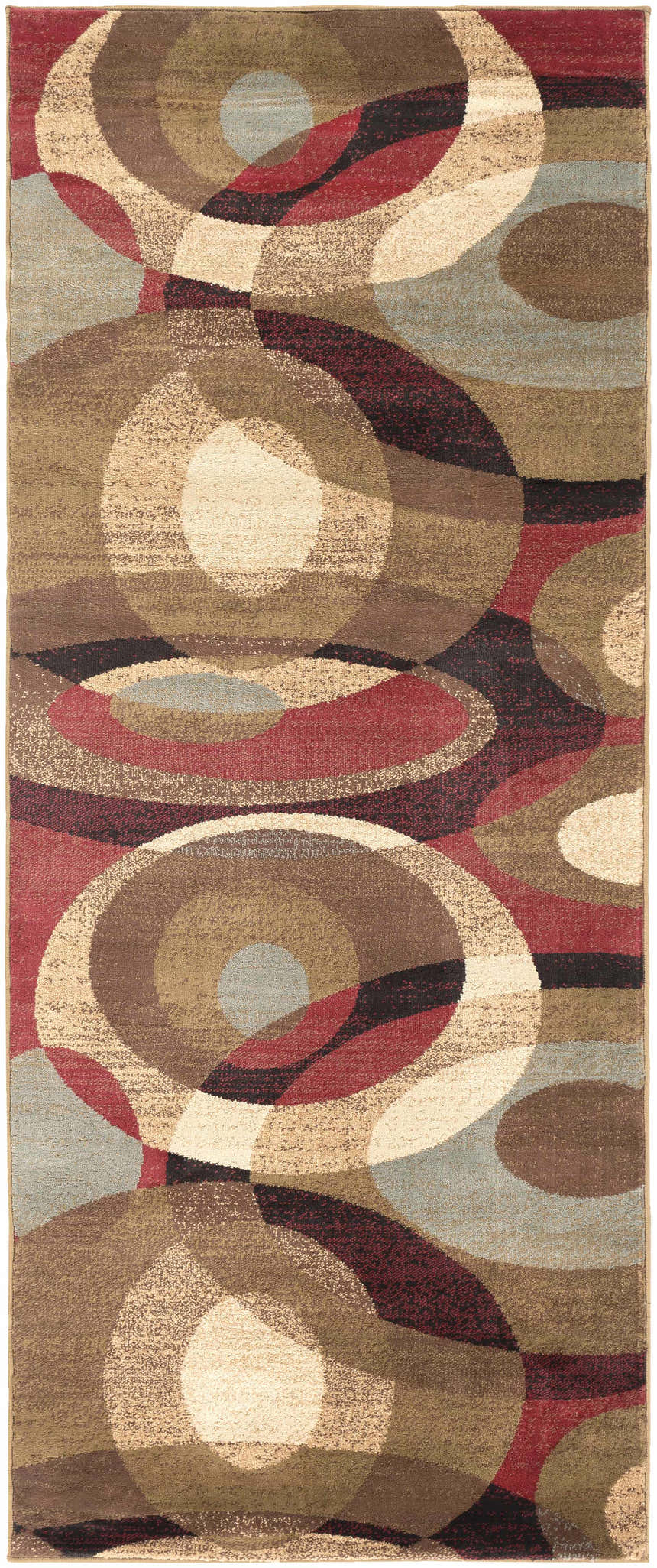 Close-up of the Jackhorn Area Rug featuring a mid-century modern circle pattern in brown, red, black, and beige tones. Design-Runner-38
