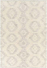 Close-up of the hand woven Jagupit Area Rug. Brown, cream, and light gray wool rug with a bohemian diamond pattern. Design-Rectangle-576