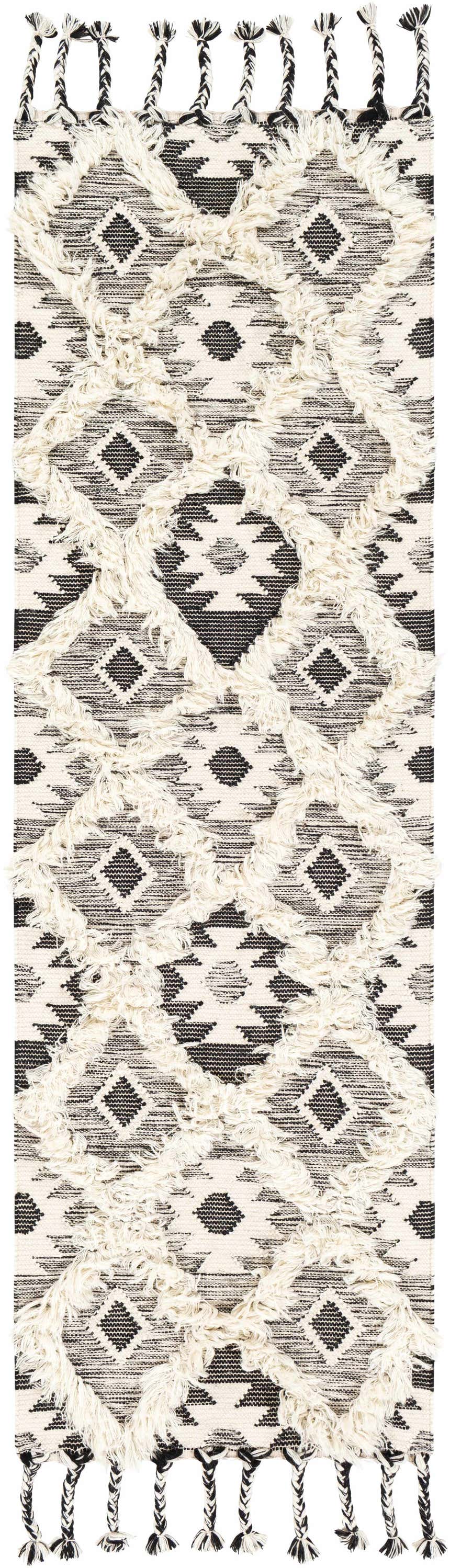 Close-up of a Jarales Cream/Black Tribal Tassel Wool Rug. Features black geometric patterns, cream fringe, and braided tassels. Design-Runner-268