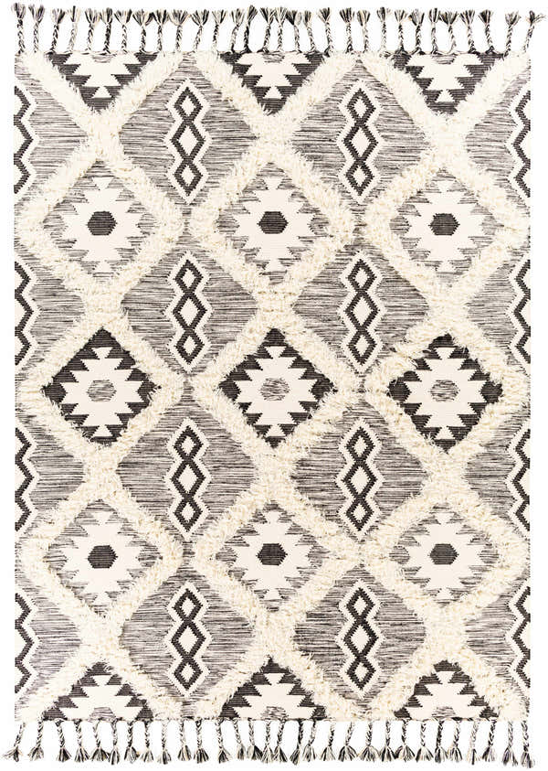 Close-up of the Jarales Cream/Black Tribal Tassel Wool Rug. Hand-woven rug with geometric patterns and fringe tassels. Design-Rectangle-810