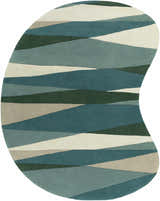 Close-up of the Jarratt Modern Wool Rug. Features a unique shape and a contemporary striped pattern in cream, green, gray, and teal. Design-Custom