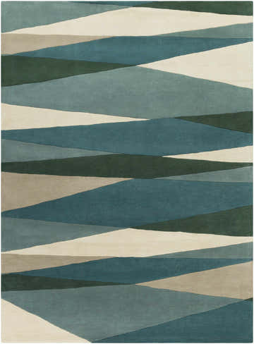 Close-up of the Jarratt Modern Wool Rug, featuring a geometric pattern in cream, teal, sage, and gray hues. Design-Rectangle-811