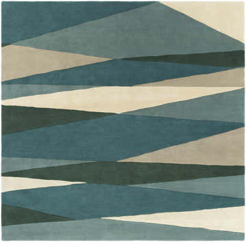 Close-up of the Jarratt Modern Wool Rug featuring an abstract geometric pattern in cream, teal, sage, and gray hues. Design-Square-8