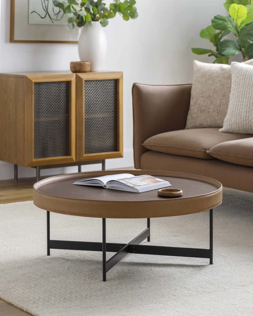 Ottensheim Brown Leather Round Coffee Table - Clearance