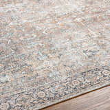 Close-up of the Jill Washable Area Rug. Features a vintage Persian design in brown, dark blue, and seafoam. Machine woven texture. Texture