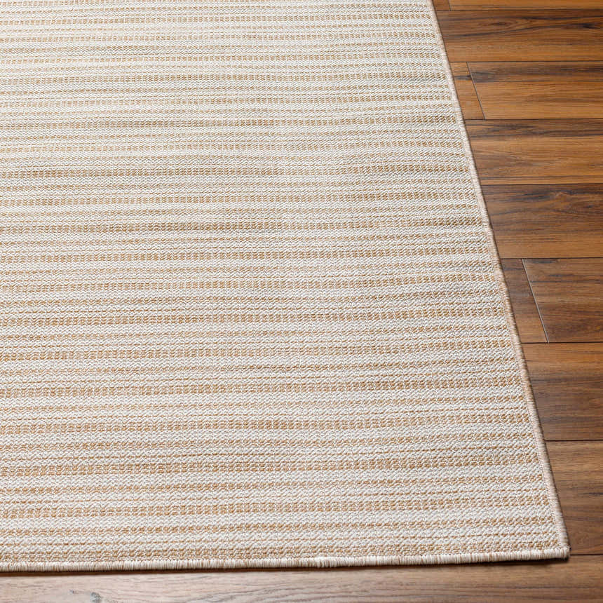 Close-up of Greg Beige Area Rug showing light brown and ivory horizontal stripes and woven texture on wood floor. Front