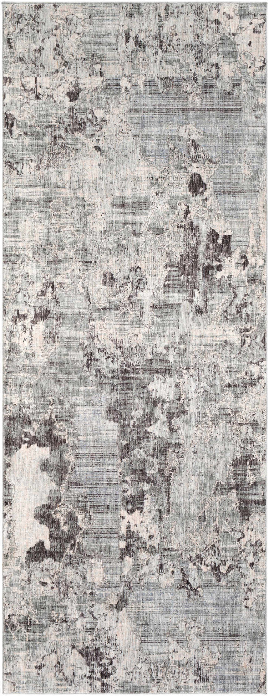 Close-up of the Johnetta Carved Statement Rug in blue, charcoal, sage, and ivory with a distressed contemporary pattern. Design-Runner-338