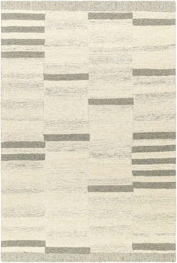 Close-up of the Jeri Modern Wool Rug. Hand-tufted, beige and gray striped pattern, farmhouse style. Design-Rectangle-576