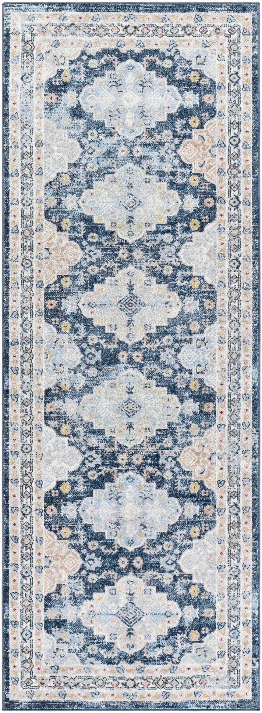 Detailed pattern of a Jara Washable Area Rug in dark gray, denim, light gray, and nutmeg colors. Farmhouse style. Design-Runner-2773