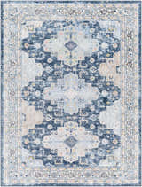 Detailed view of the Jara Washable Area Rug in dark gray, denim, and light gray with a traditional floral pattern. Design-Rectangle-537