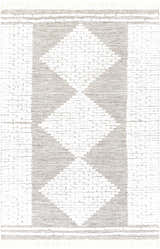 Close-up of the Junction Carpet, a hand-woven wool rug with a geometric diamond pattern in brown, beige, and white. Design-Rectangle-576