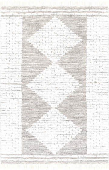 Close-up of the Junction Carpet, a hand-woven wool rug with a geometric diamond pattern in brown, beige, and white. Design-Rectangle-576