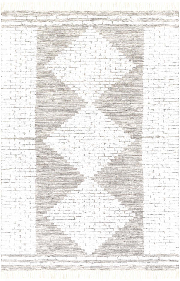 Close-up of the Junction Carpet, a hand-woven wool rug with a geometric diamond pattern in brown, beige, and white. Design-Rectangle-576