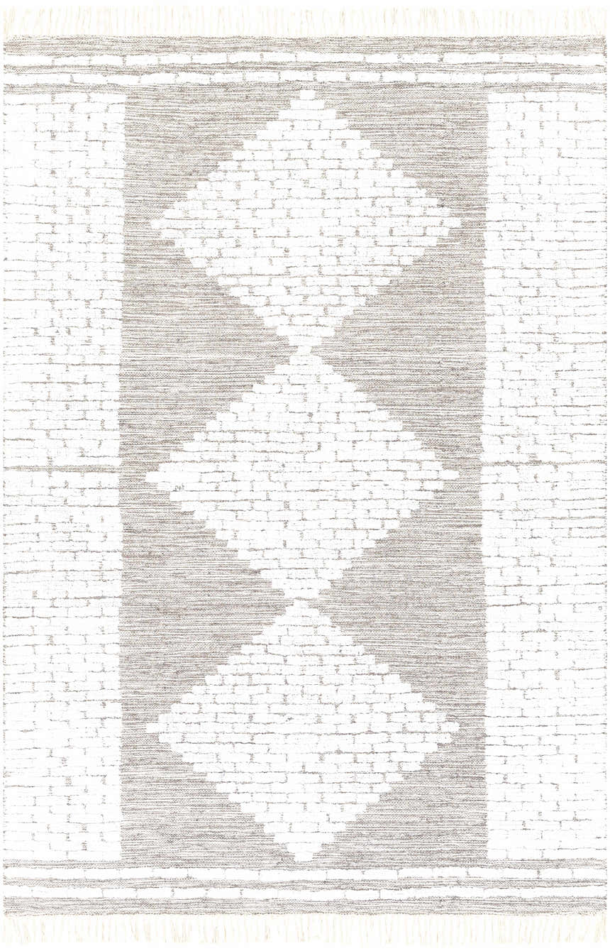 Close-up of the Junction Carpet, a hand-woven wool rug with a geometric diamond pattern in brown, beige, and white. Design-Rectangle-576