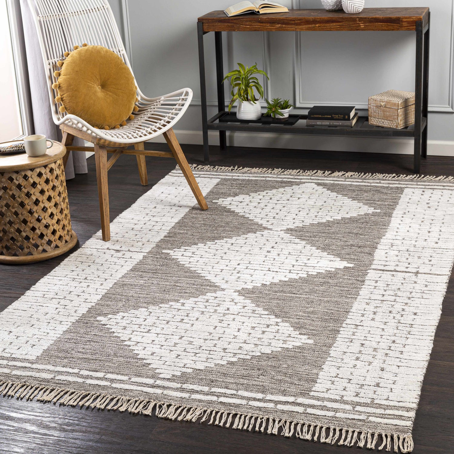 Living room scene with a brown and white Junction Carpet, white chair, and wood accents. Roomscene-Rectangle