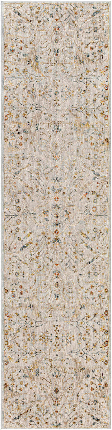 Close-up of the Kabungahan Oushak Style Floral Rug. Features a cream base with brick red, denim, and mustard floral accents. Design-Runner-2710