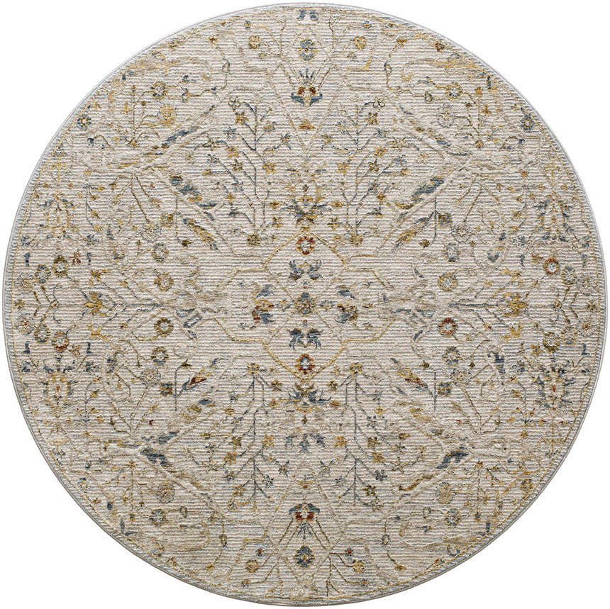 Round Kabungahan Oushak Style Floral Rug with cream, denim, mustard, and light brown floral design. Design-Round-53