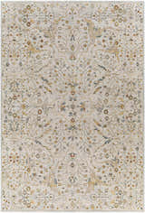 Detailed floral pattern of a Kabungahan Oushak Style Rug in brick red, cream, denim, and light brown. Design-Rectangle-6796