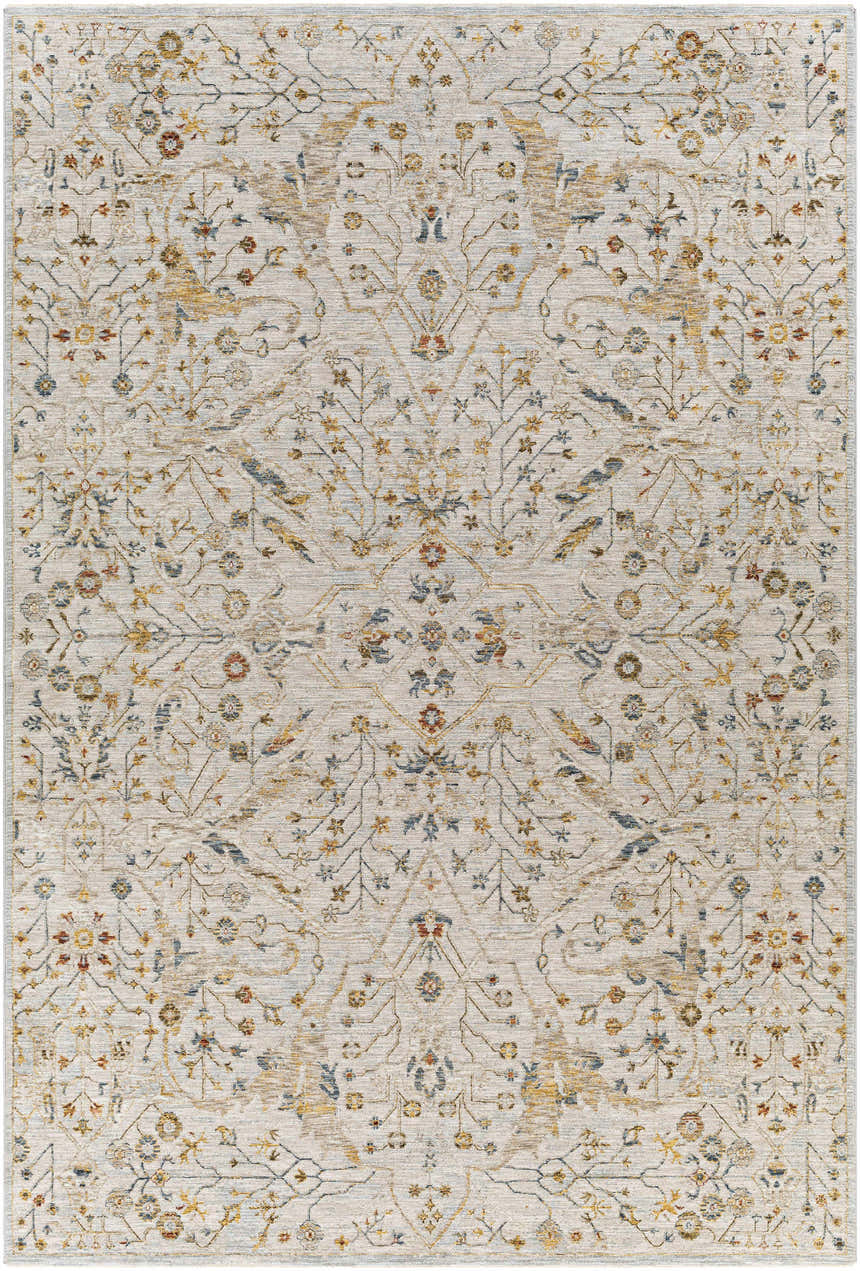 Detailed floral pattern of a Kabungahan Oushak Style Rug in brick red, cream, denim, and light brown. Design-Rectangle-6796