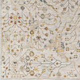 Close-up of the Kabungahan Oushak Style Floral Rug. Features a cream background with brick red, denim, and mustard floral accents. Swatch