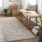 Entryway with Kabungahan Oushak Style Floral Rug runner, wooden bench, plants, and natural light creating a cozy, inviting space. Roomscene-Runner