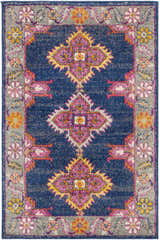 Close-up of the Kaitlyn Navy Area Rug, a machine-woven rug with a traditional, floral, and geometric pattern in navy, pink, and gold. Design-Rectangle-23